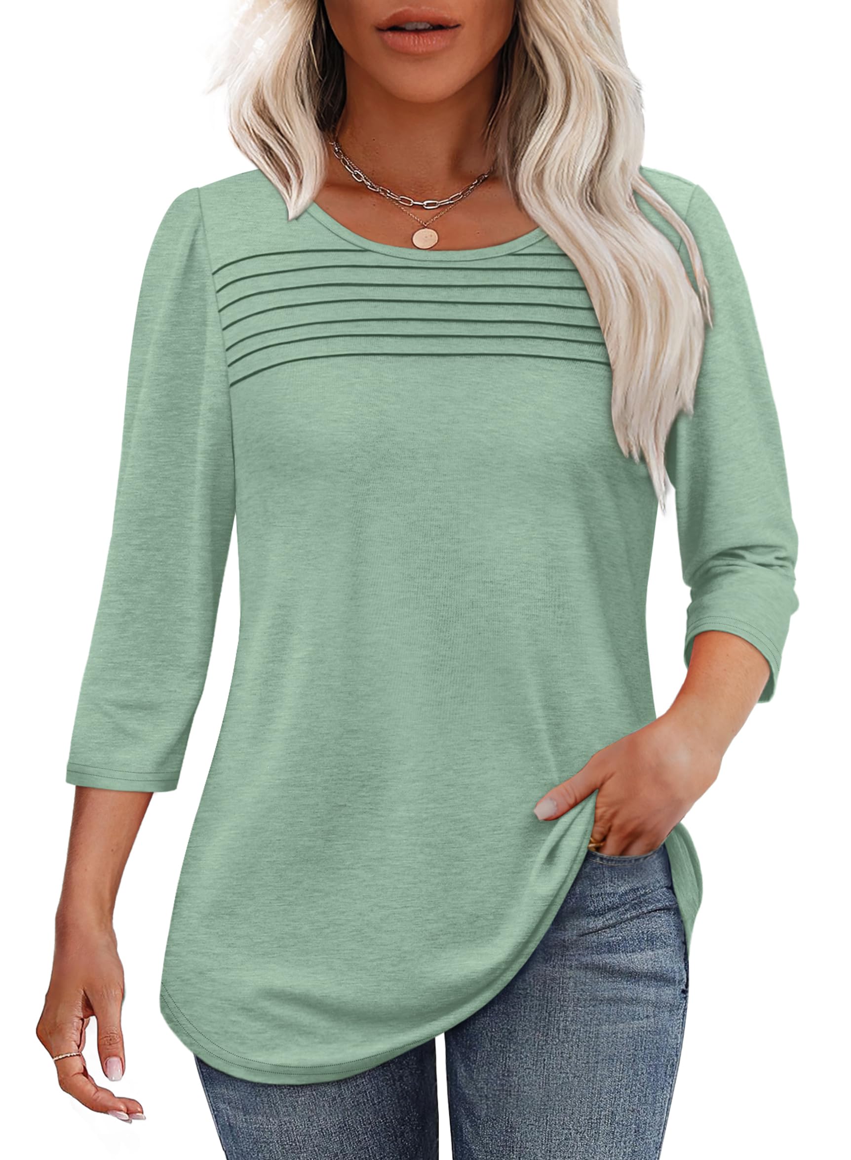 Women's 3/4-Sleeve Top with Pleated Front, Round Neckline and Rounded Hem - Light Green
