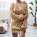 Women's Autumn Knit Dress with Off-Shoulder Neckline - Khaki