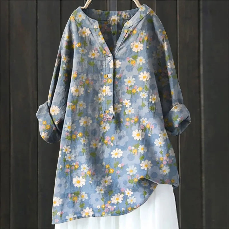 Women's Autumn Blouse with Lightweight Fabric and Flattering Elegant Cut - Blue Floral