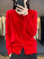 Women's Autumn Sweater with Button Placket, Crew Neck, Relaxed Fit - Red