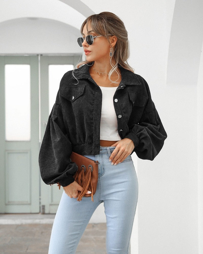 Women's Cropped Jacket with Pockets and Buttons