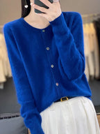 Women's Autumn Sweater with Button Placket, Crew Neck, Relaxed Fit - Blue