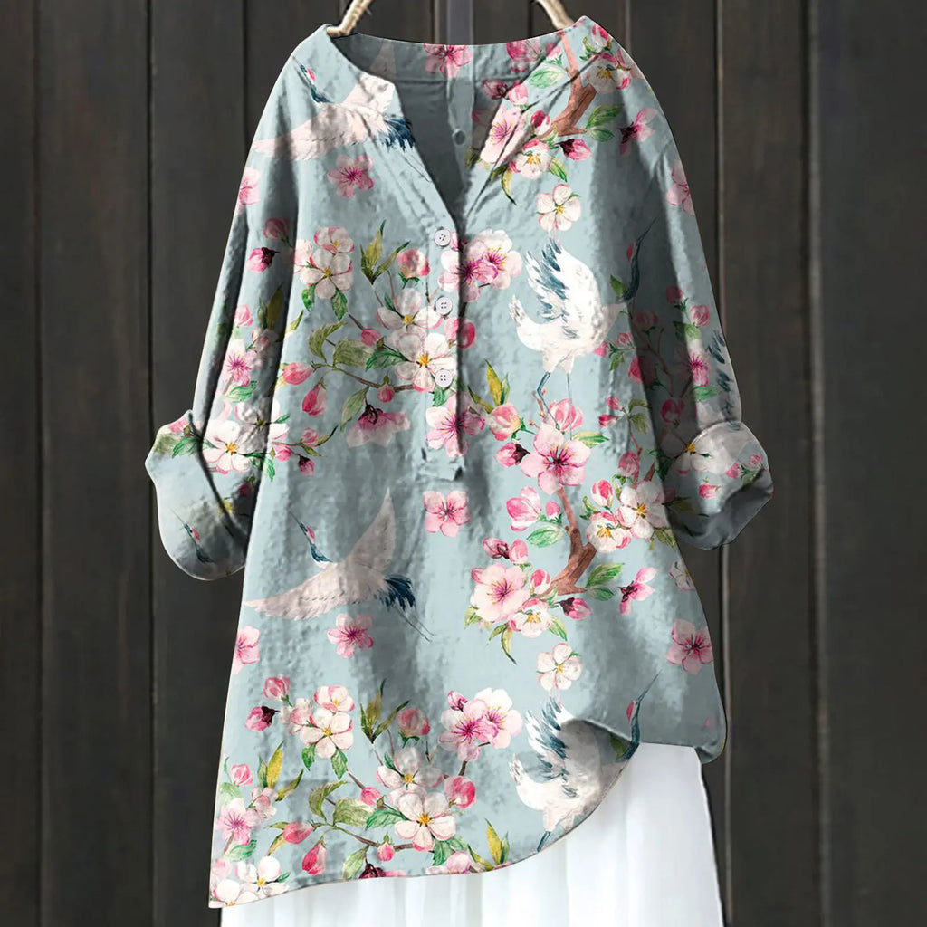 Women's Autumn Blouse with Lightweight Fabric and Flattering Elegant Cut - Blue Floral 2