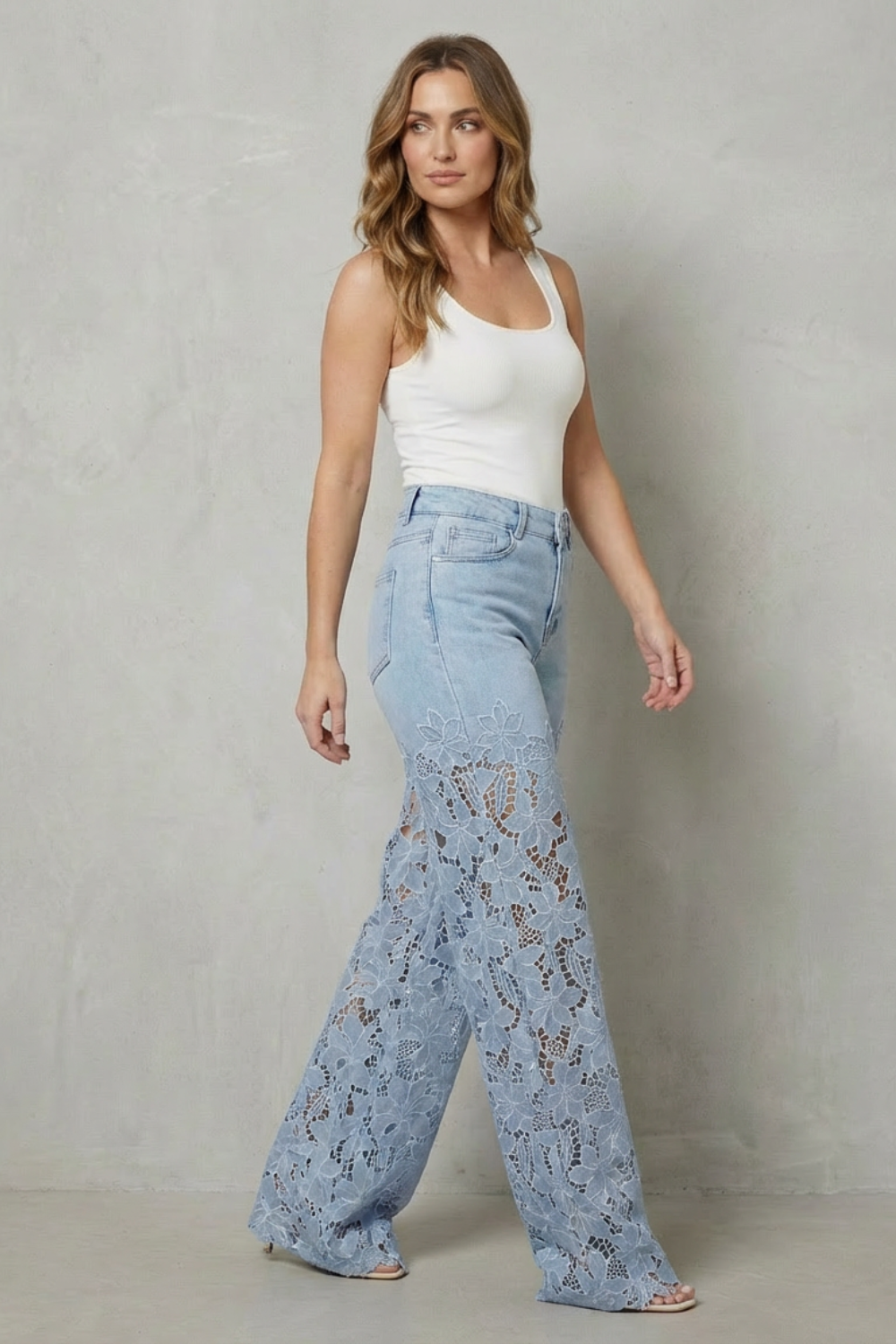 Women's Lace Panel Wide Leg Denim Jeans