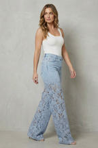 Women's Lace Panel Wide Leg Denim Jeans