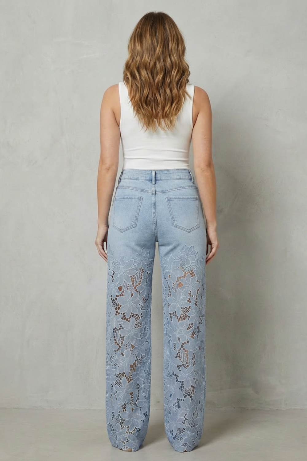 Women's Lace Panel Wide Leg Denim Jeans