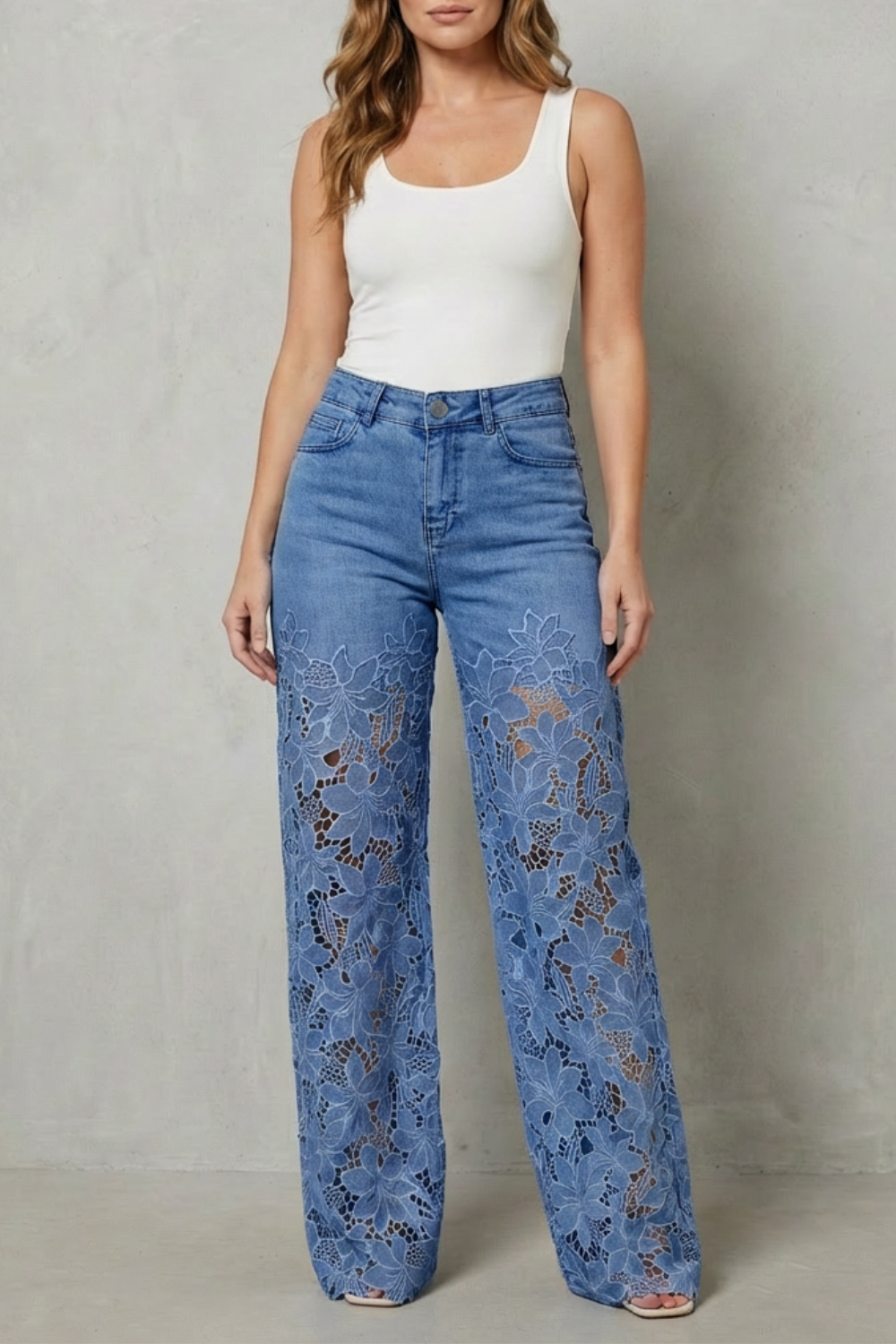 Women's Lace Panel Wide Leg Denim Jeans