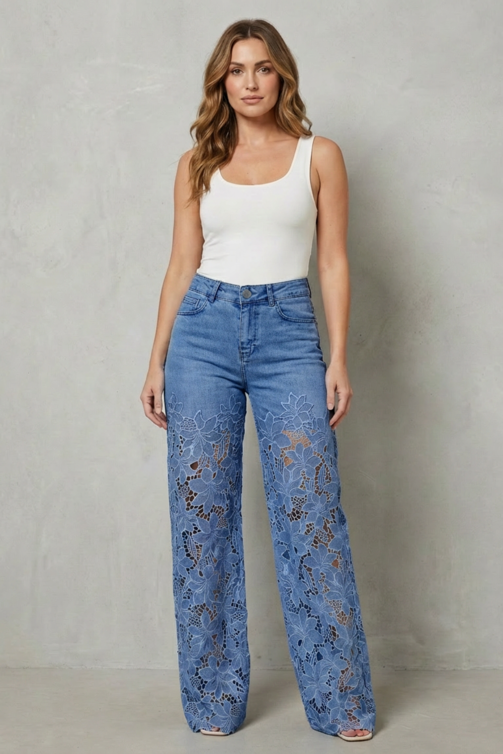 Women's Lace Panel Wide Leg Denim Jeans
