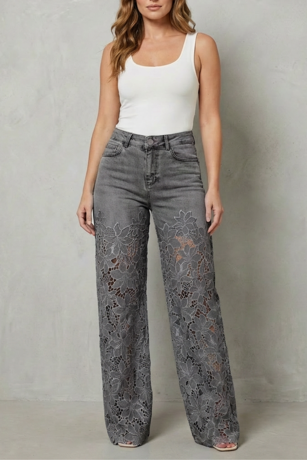 Women's Lace Panel Wide Leg Denim Jeans