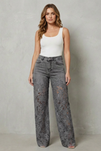 Women's Lace Panel Wide Leg Denim Jeans