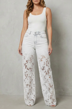 Women's Lace Panel Wide Leg Denim Jeans