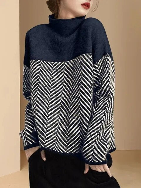 Women's Turtleneck Sweater with Modern Print, Long Sleeve, Figure-Hugging, Winter Edition - Sky Blue