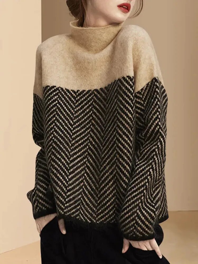 Women's Turtleneck Sweater with Modern Print, Long Sleeve, Figure-Hugging, Winter Edition - Khaki
