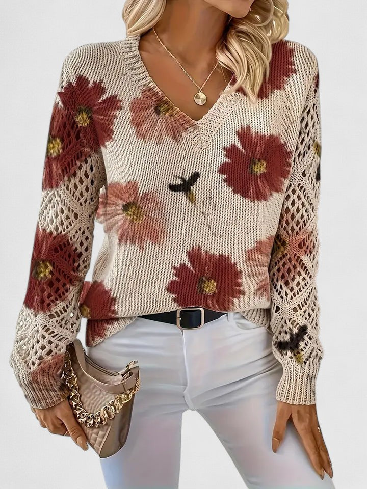 Women's Autumn Blouse with Floral Pattern and V-Neck - Red