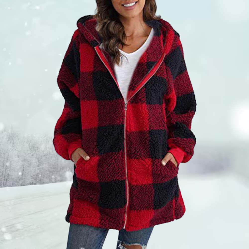 Plaid Winter Jacket with Hood and Pockets | Perfect for Cold Winter Days - Red