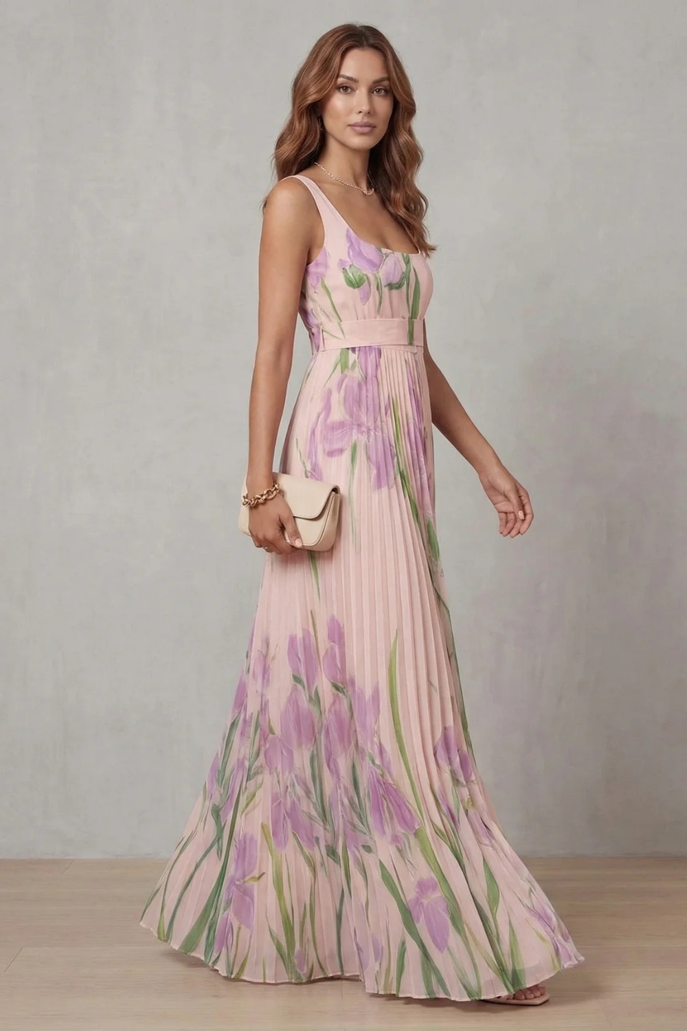 Women's Floral Pleated Maxi Dress – Square Neck Wedding Guest Dress