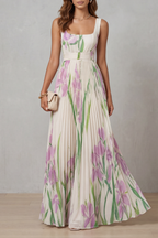 Women's Floral Pleated Maxi Dress – Square Neck Wedding Guest Dress