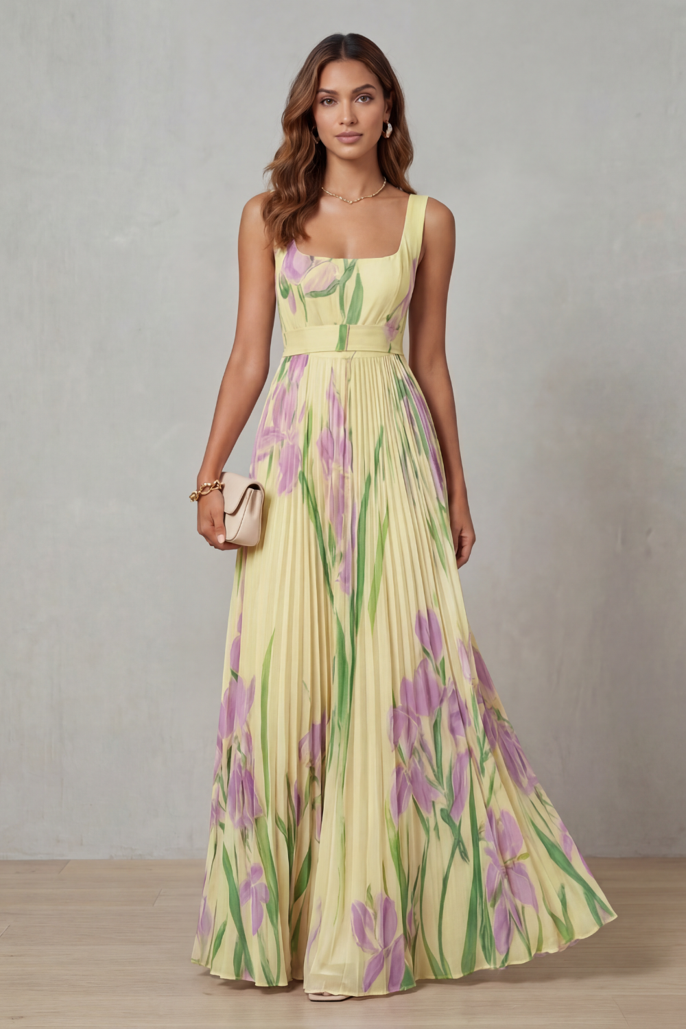 Women's Floral Pleated Maxi Dress – Square Neck Wedding Guest Dress