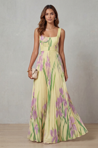 Women's Floral Pleated Maxi Dress – Square Neck Wedding Guest Dress