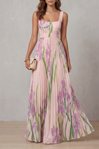 Women's Floral Pleated Maxi Dress – Square Neck Wedding Guest Dress