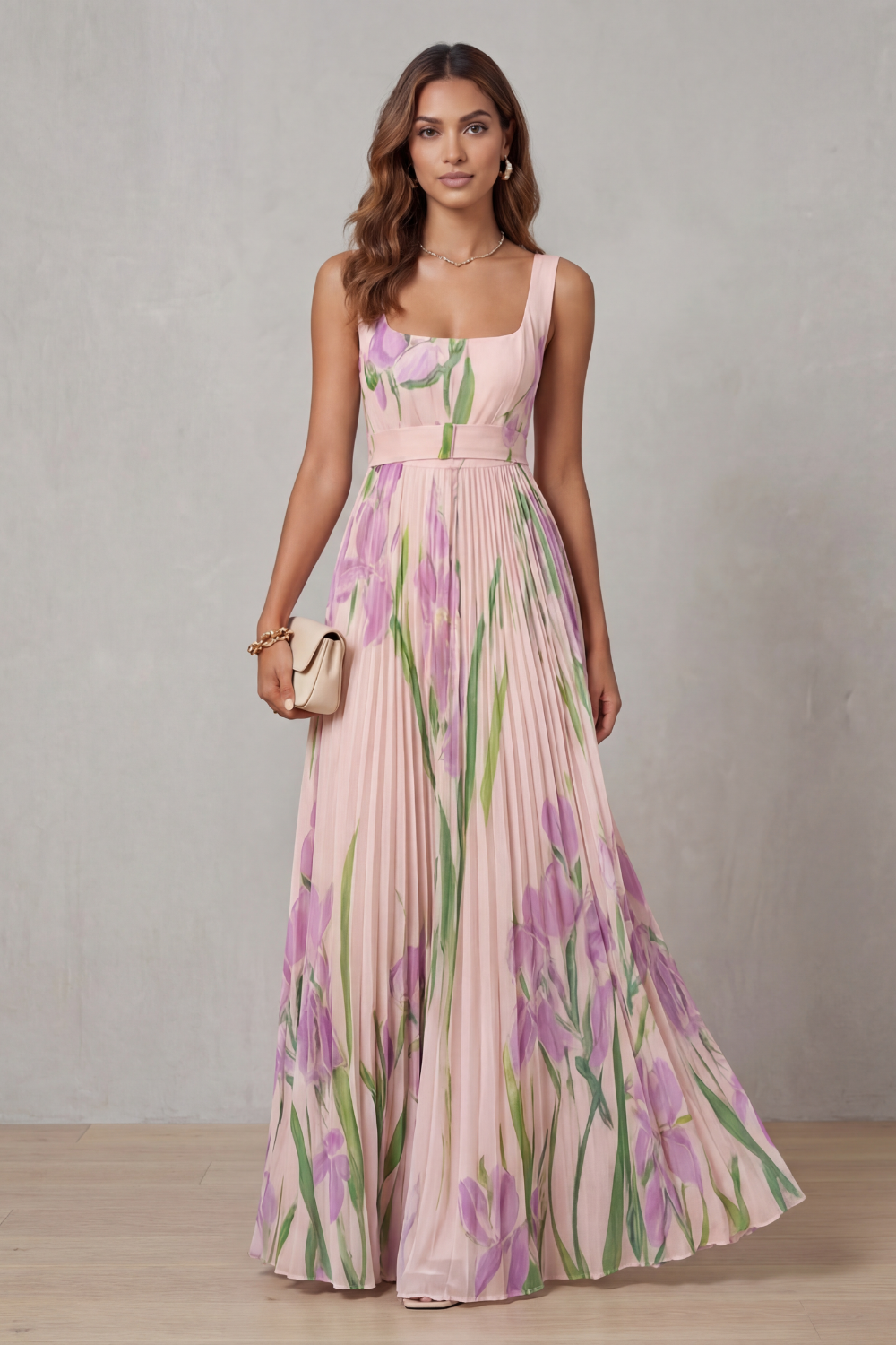 Women's Floral Pleated Maxi Dress – Square Neck Wedding Guest Dress