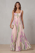 Women's Floral Pleated Maxi Dress – Square Neck Wedding Guest Dress