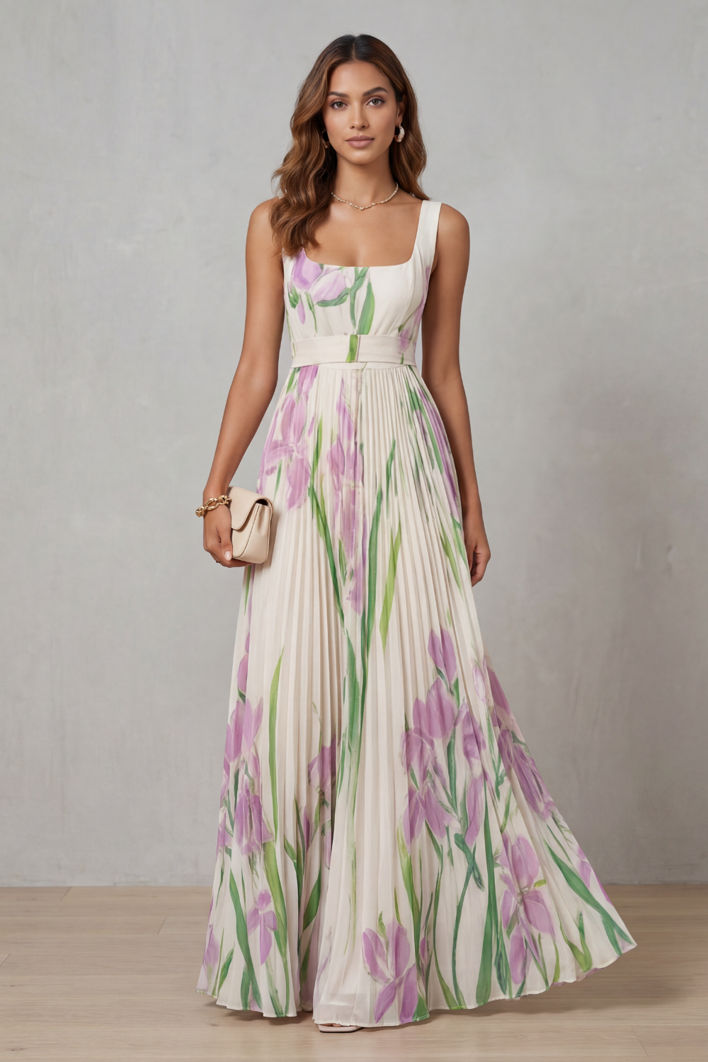Women's Floral Pleated Maxi Dress – Square Neck Wedding Guest Dress