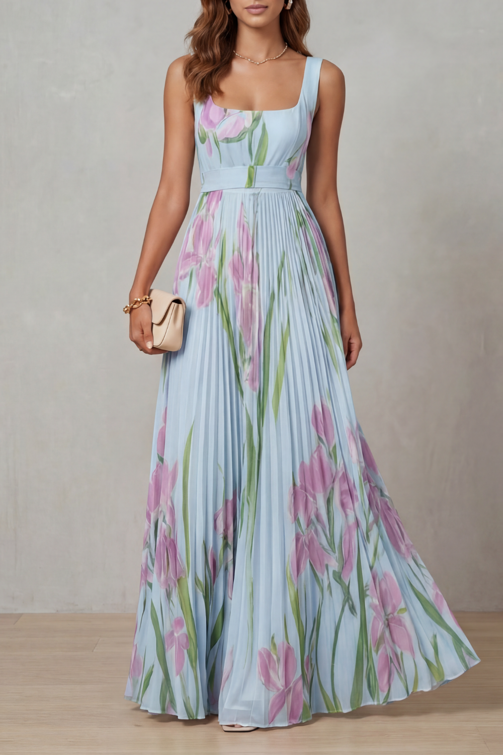 Women's Floral Pleated Maxi Dress – Square Neck Wedding Guest Dress