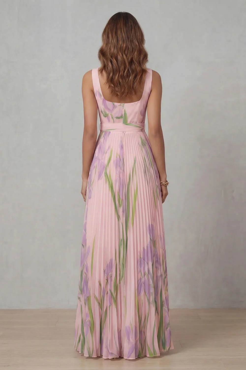 Women's Floral Pleated Maxi Dress – Square Neck Wedding Guest Dress