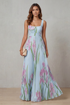 Women's Floral Pleated Maxi Dress – Square Neck Wedding Guest Dress