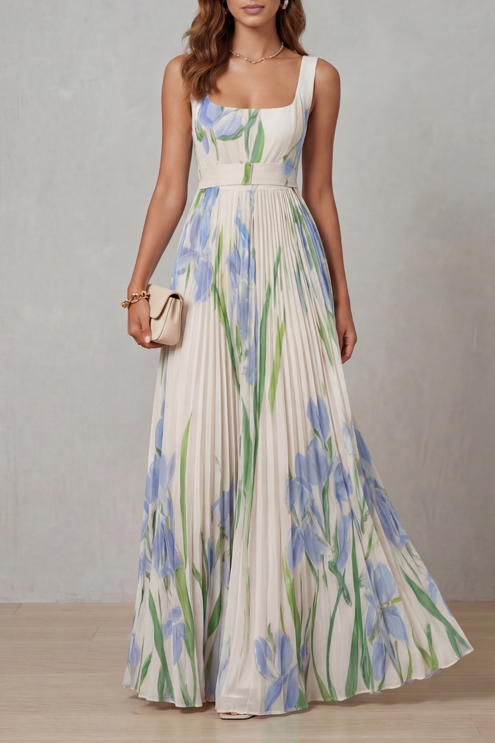 Women's Floral Pleated Maxi Dress – Square Neck Wedding Guest Dress