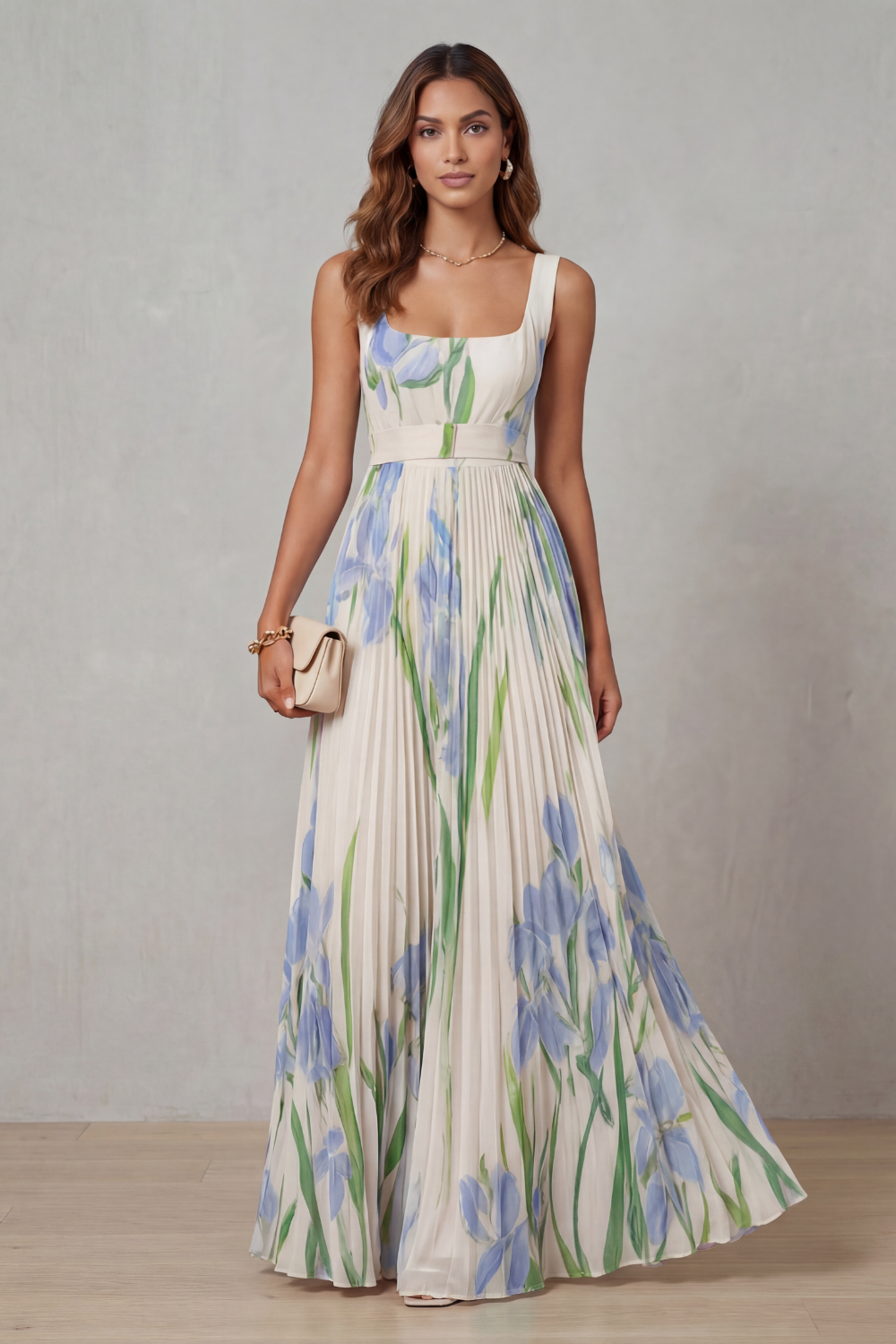 Women's Floral Pleated Maxi Dress – Square Neck Wedding Guest Dress