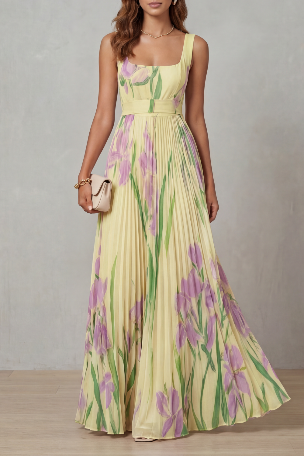 Women's Floral Pleated Maxi Dress – Square Neck Wedding Guest Dress