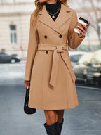 Women's Long Winter Trench Coat with Reversible Design - Khaki