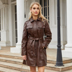 Elegant long leather Women's coat with belt and lapels