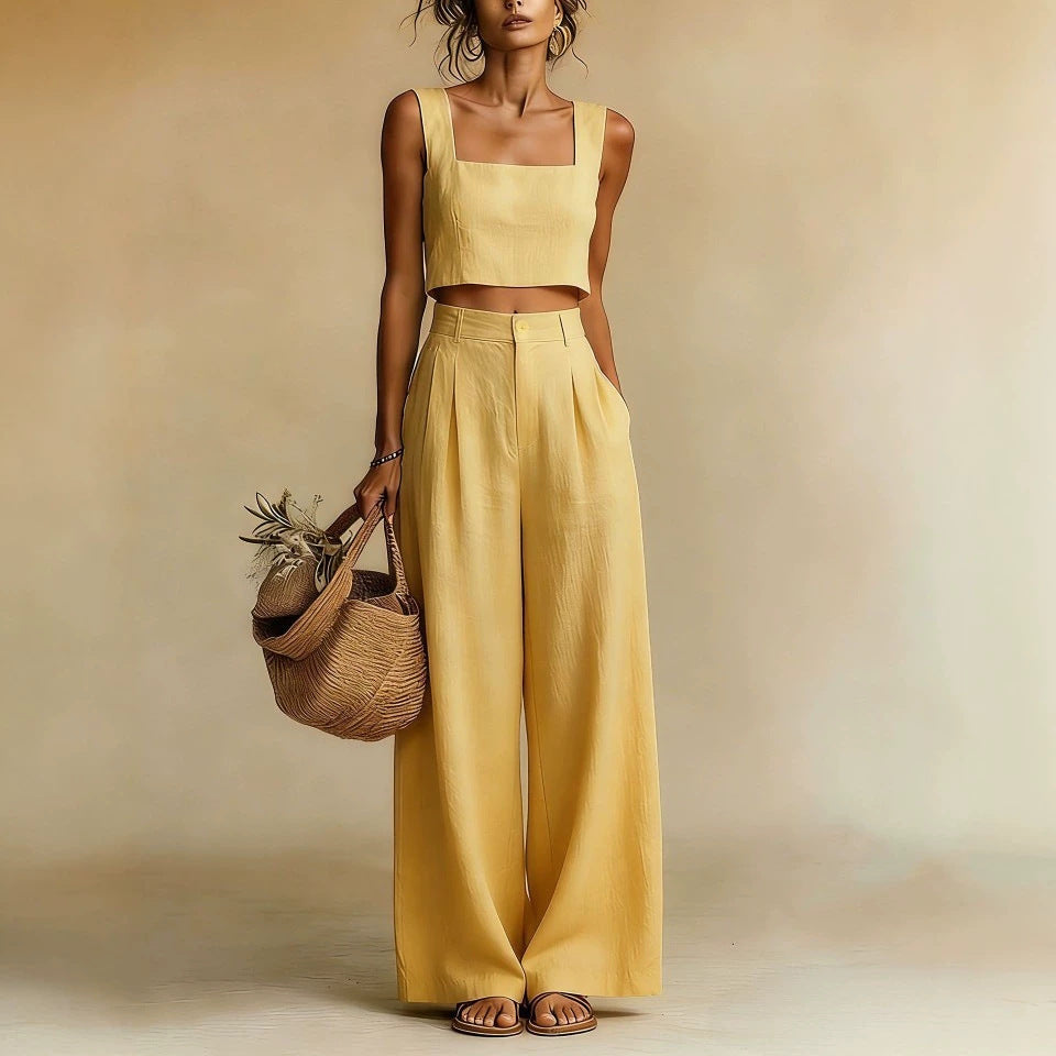 Damen-Set aus fließendem Oberteil und Palazzo-Hose mit weitem Bein
