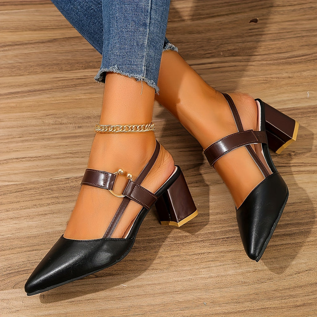 Women's Slingback Heels, Pointed Toe, Block Heel, Buckle - Black