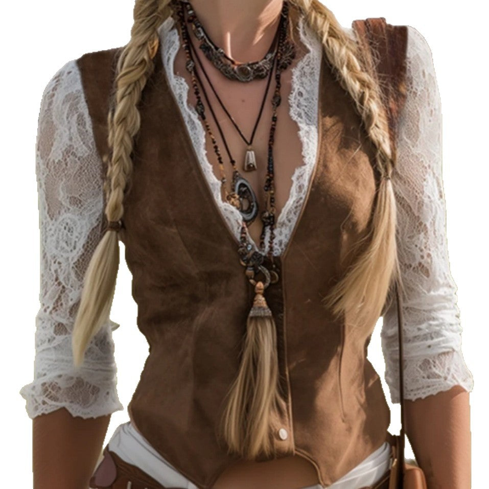 Women's Lace V-Neck Vest with Snap Buttons