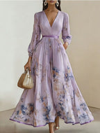 Women's V-Neck Long-Sleeve Pleated Floral Maxi Dress with Ribbon Tie Waist