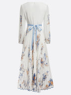 Women's V-Neck Long-Sleeve Pleated Floral Maxi Dress with Ribbon Tie Waist