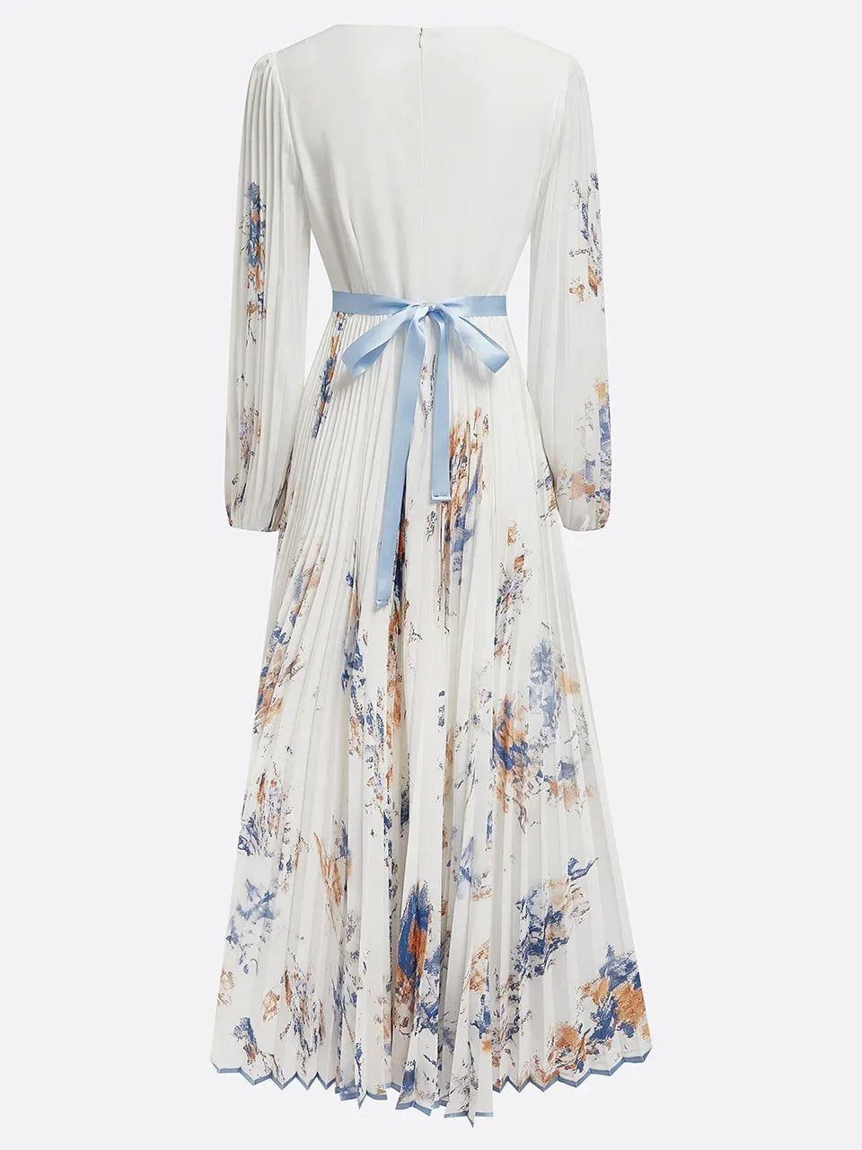Women's V-Neck Long-Sleeve Pleated Floral Maxi Dress with Ribbon Tie Waist