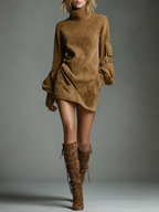 Women's Vintage Suede Turtleneck Mini Dress