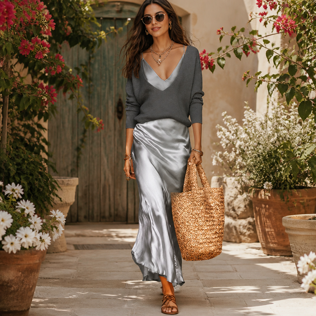 Satin Midi Dress with a Cozy Sweater Combination | Elegant Outfit