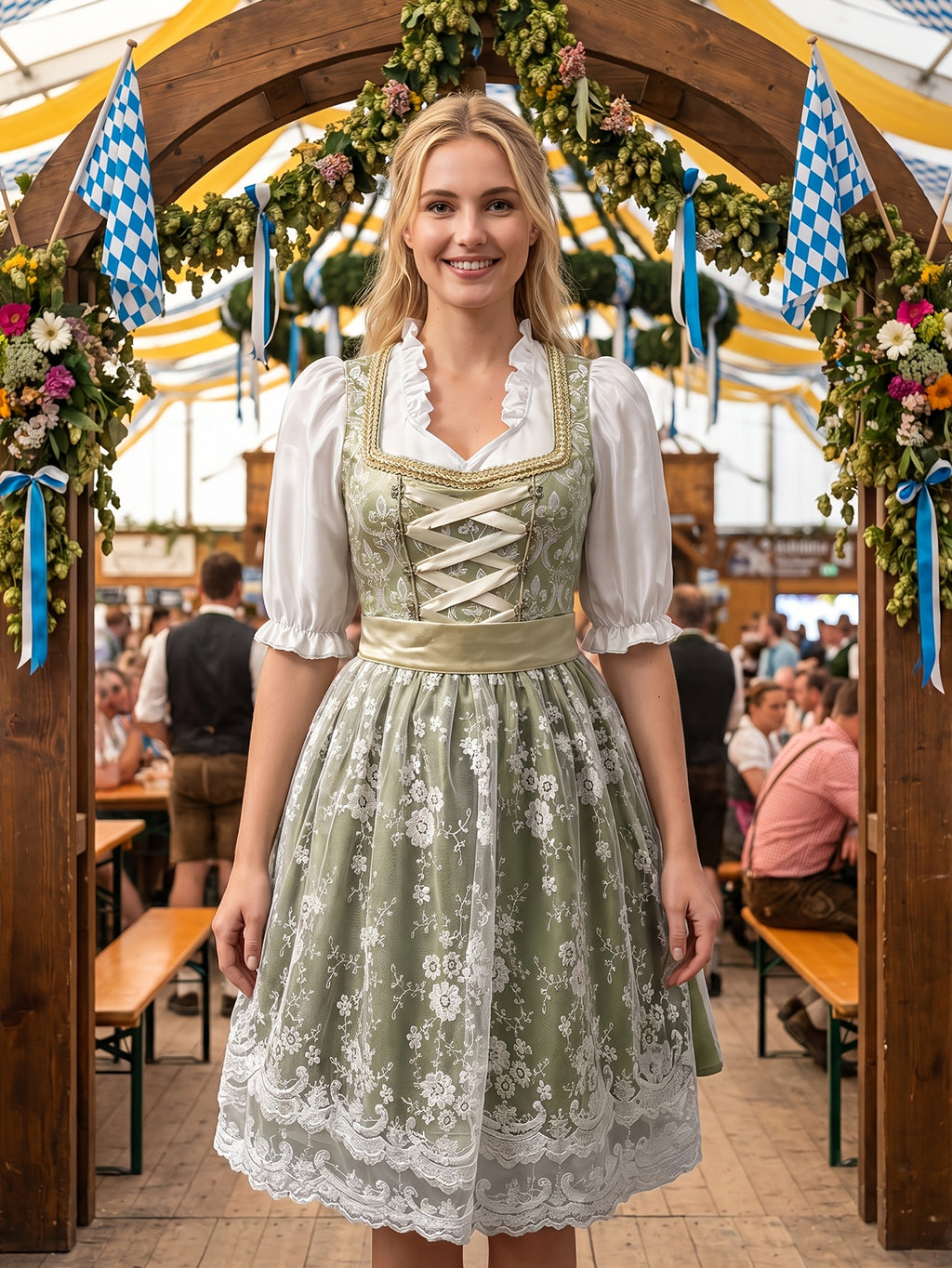 Dirndl Set Damen Oktoberfest Trachtenkleid mit Bluse Schürze 3-teilig