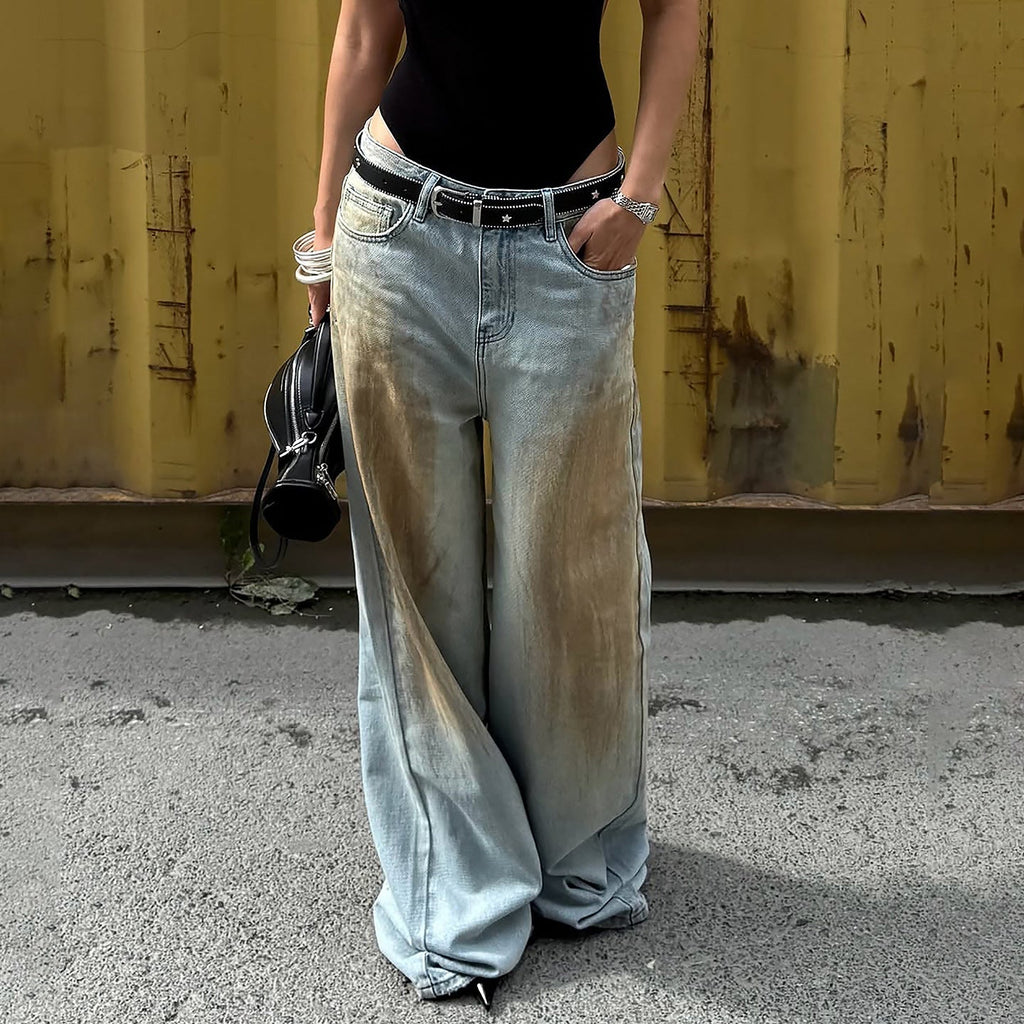 Womens Trendy Vintage Wash Wide Leg Jeans