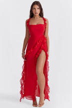 Women's Summer Ruffle Dress, Long with Front Slit, Floor-Length - Red