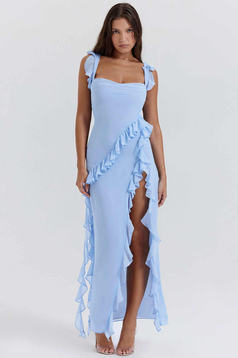 Women's Summer Ruffle Dress, Long with Front Slit, Floor-Length - Light Blue