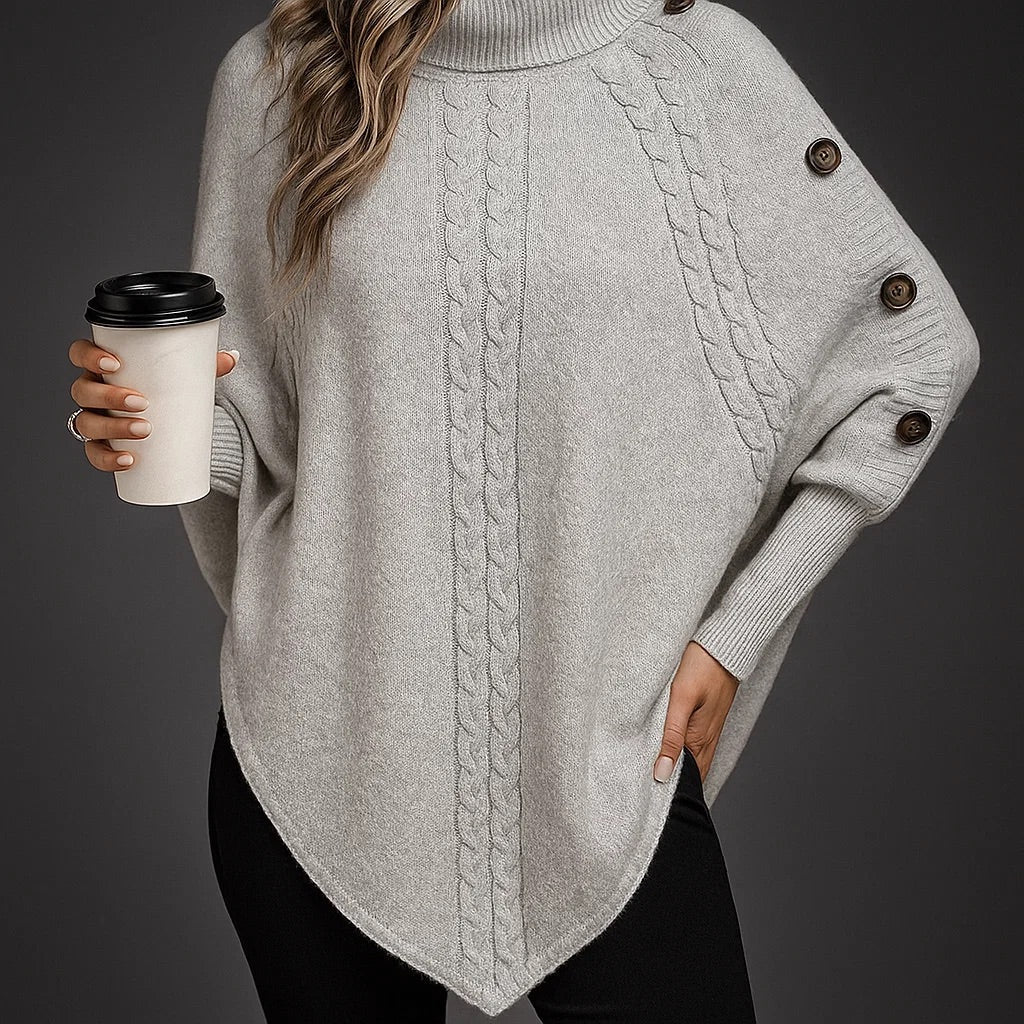 Women's Turtleneck Poncho with Textured Knit and Button Sleeves - Stone Gray