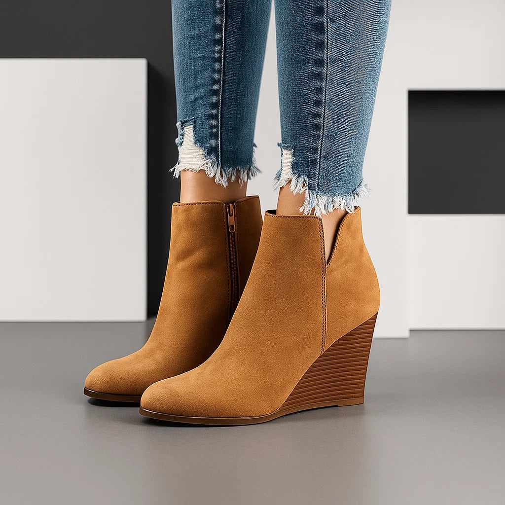 Women's Ankle Boots, Wedge Heel, Side Zipper - Saddle Brown