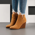 Women's Ankle Boots, Wedge Heel, Side Zipper - Saddle Brown